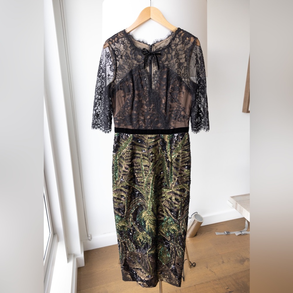 Marchesa Notte Black Lace Evening Gown with Sequin Skirt